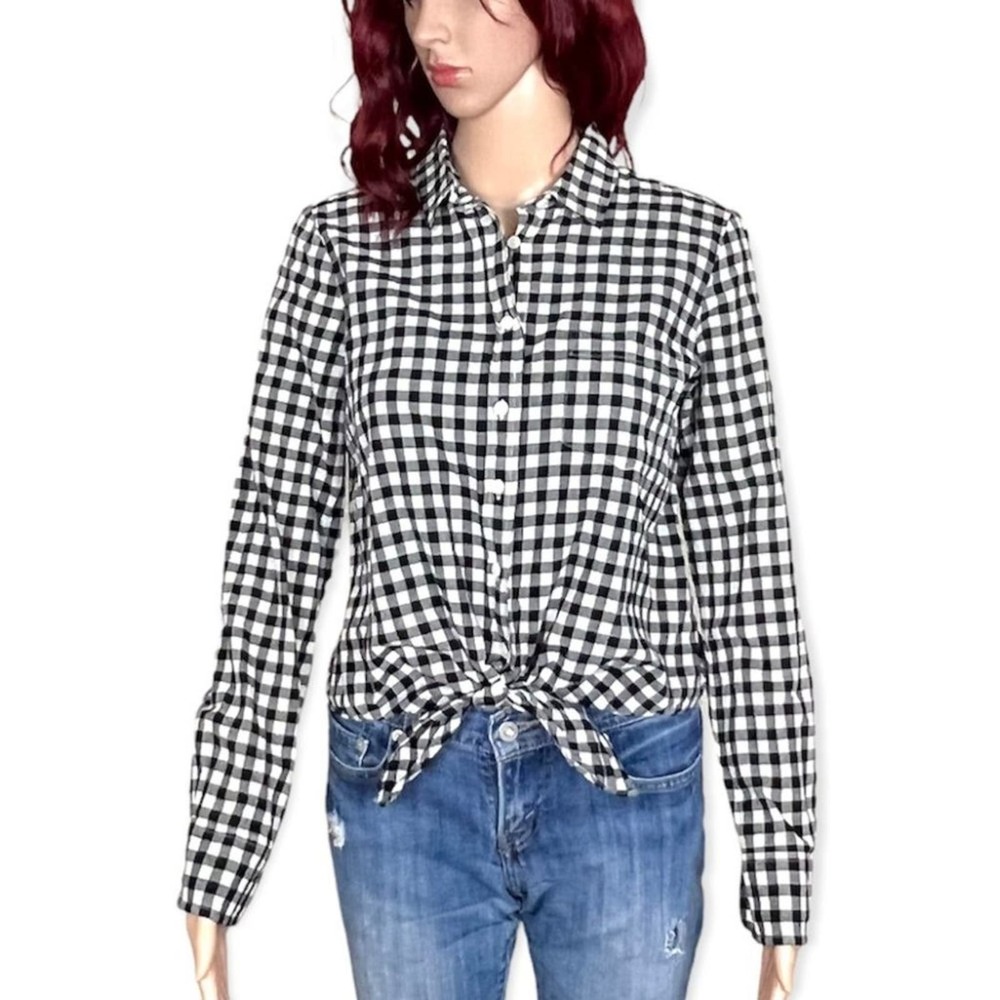 J Crew Gingham Print Tie Front Button Up Shirt Small Black White Long Sleeve